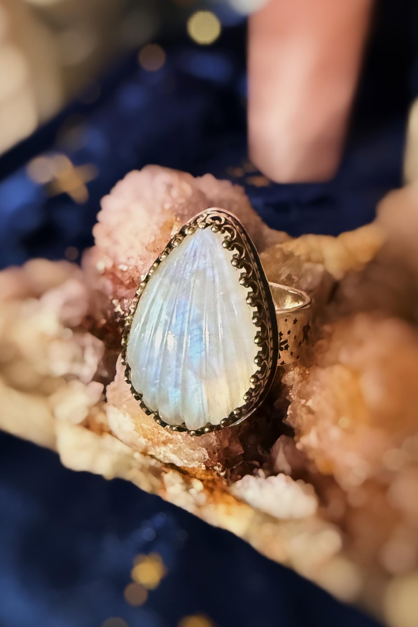 Seashell Moonstone sterling silver rings on celestial stamped bands sizes 5.5-9