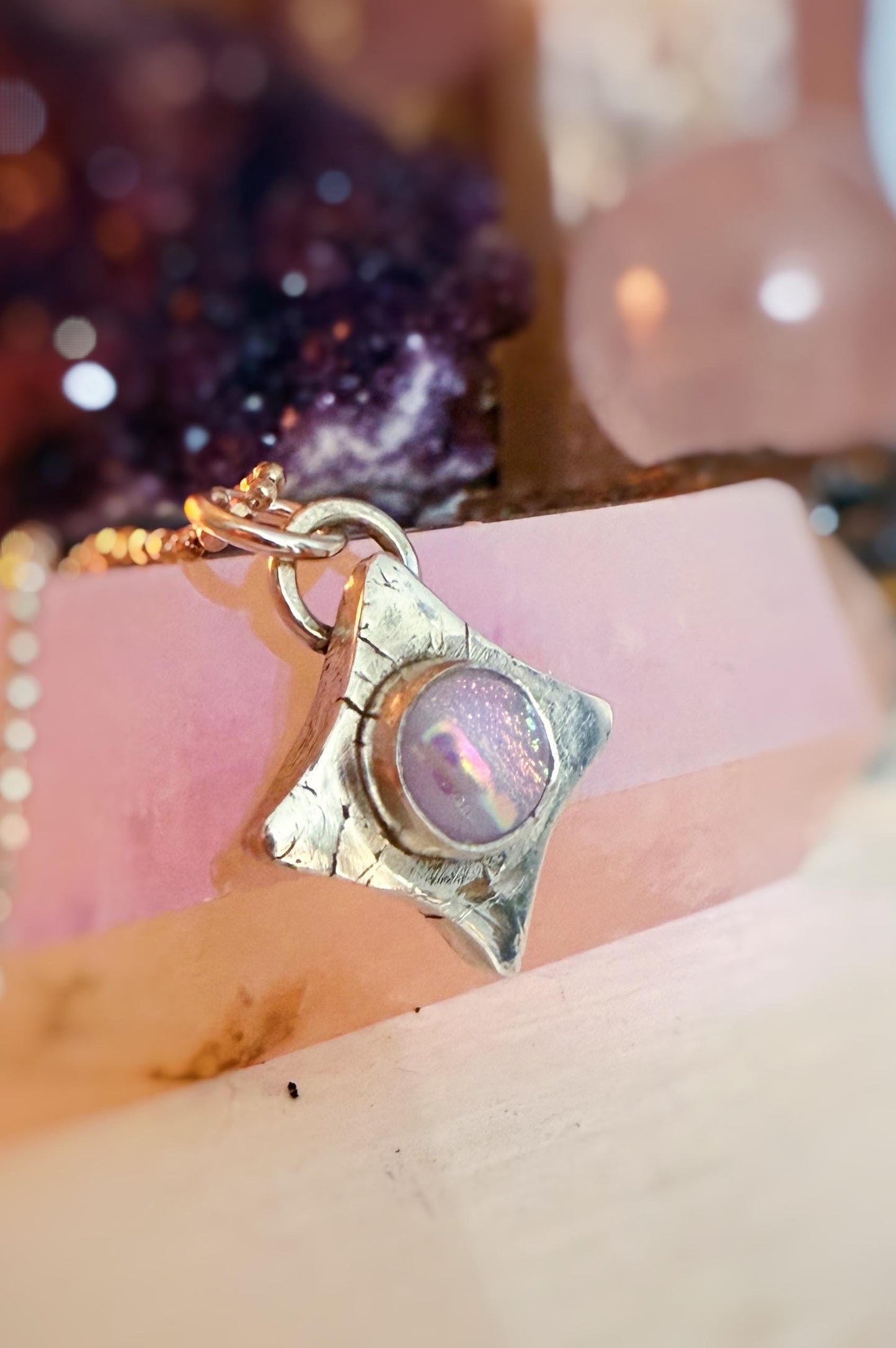 Starburst Dichroic glass handmade pendant necklace in .999 fine silver with chain