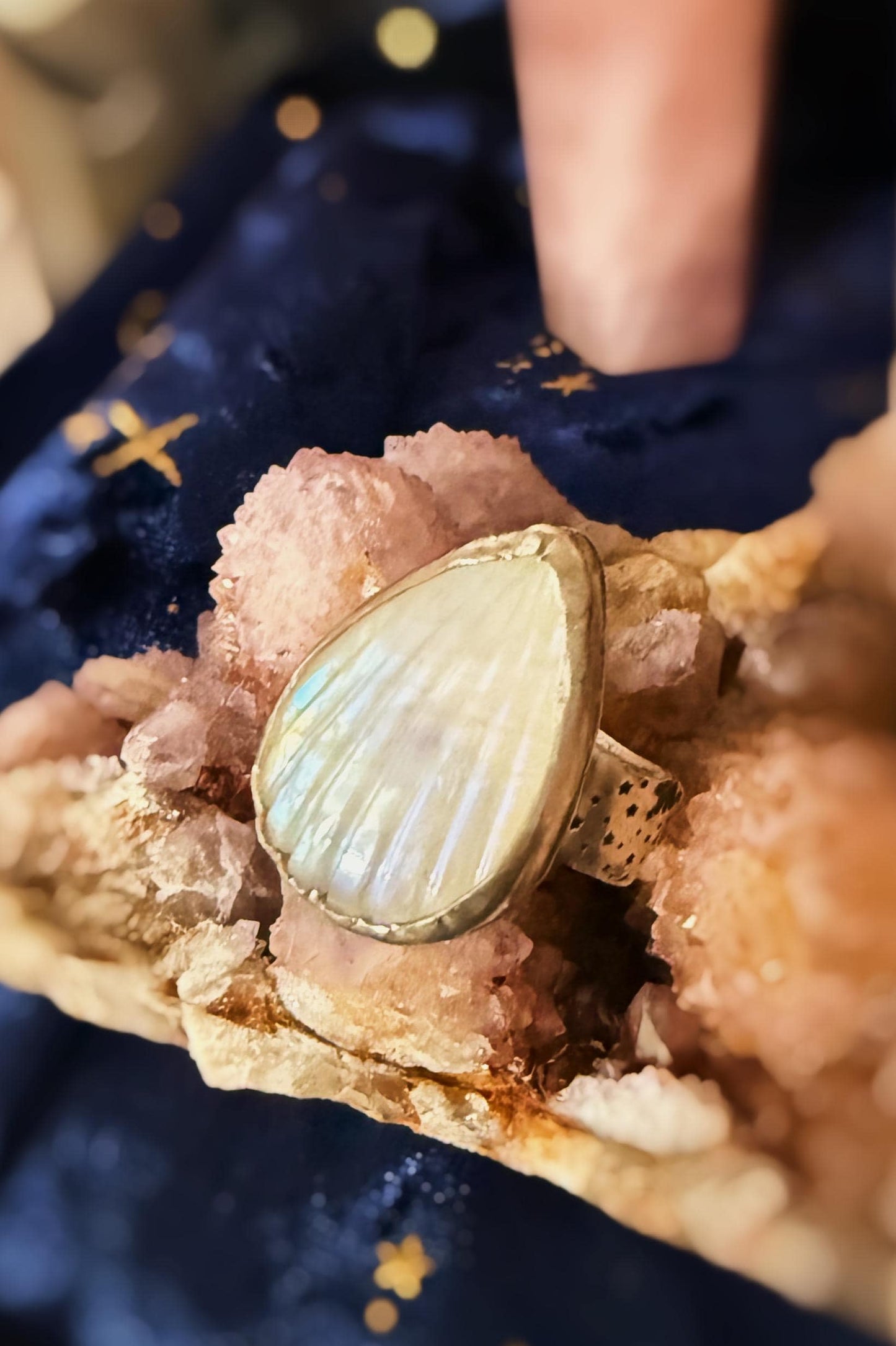 Seashell Moonstone sterling silver rings on celestial stamped bands sizes 5.5-9