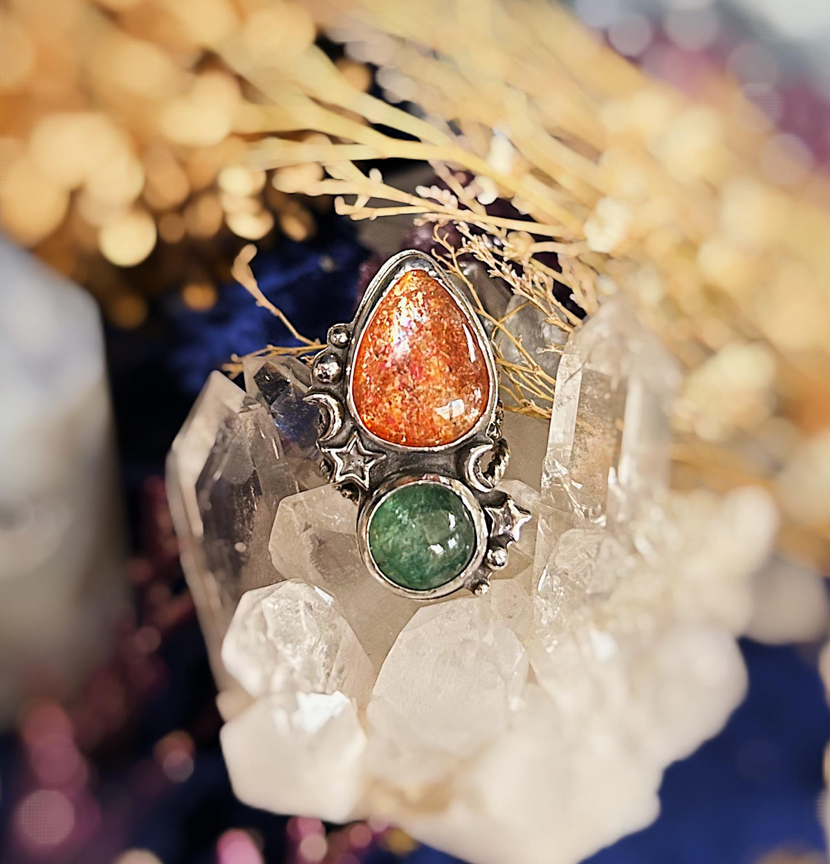 confetti sunstone and green aventurine sterling silver ring size 6.5