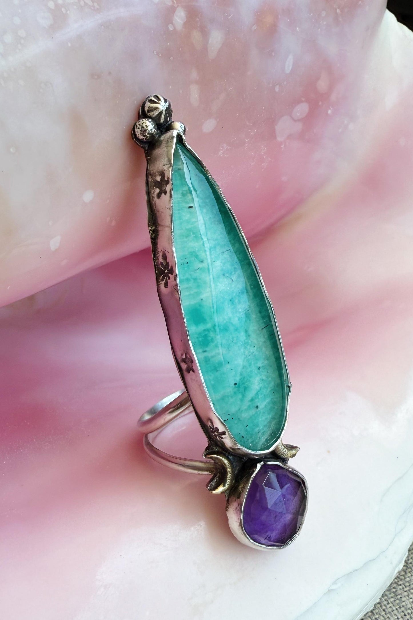 Amazonite quartz crystal doublet talon rings in sterling silver, sizes 7, 7.5, and 8