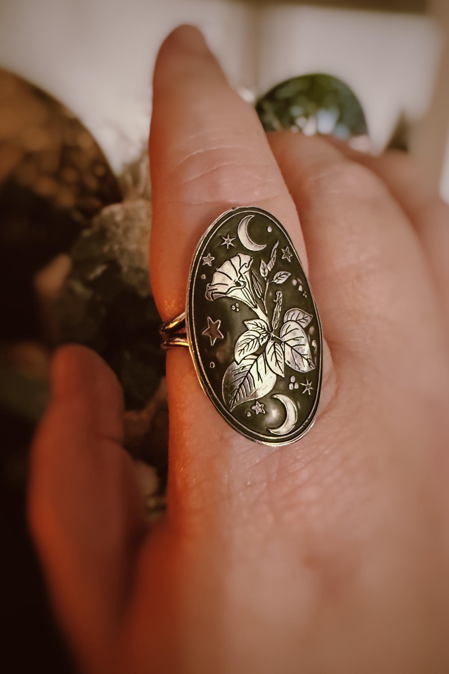 Celestial Datura flower sterling silver handmade ring, made to order