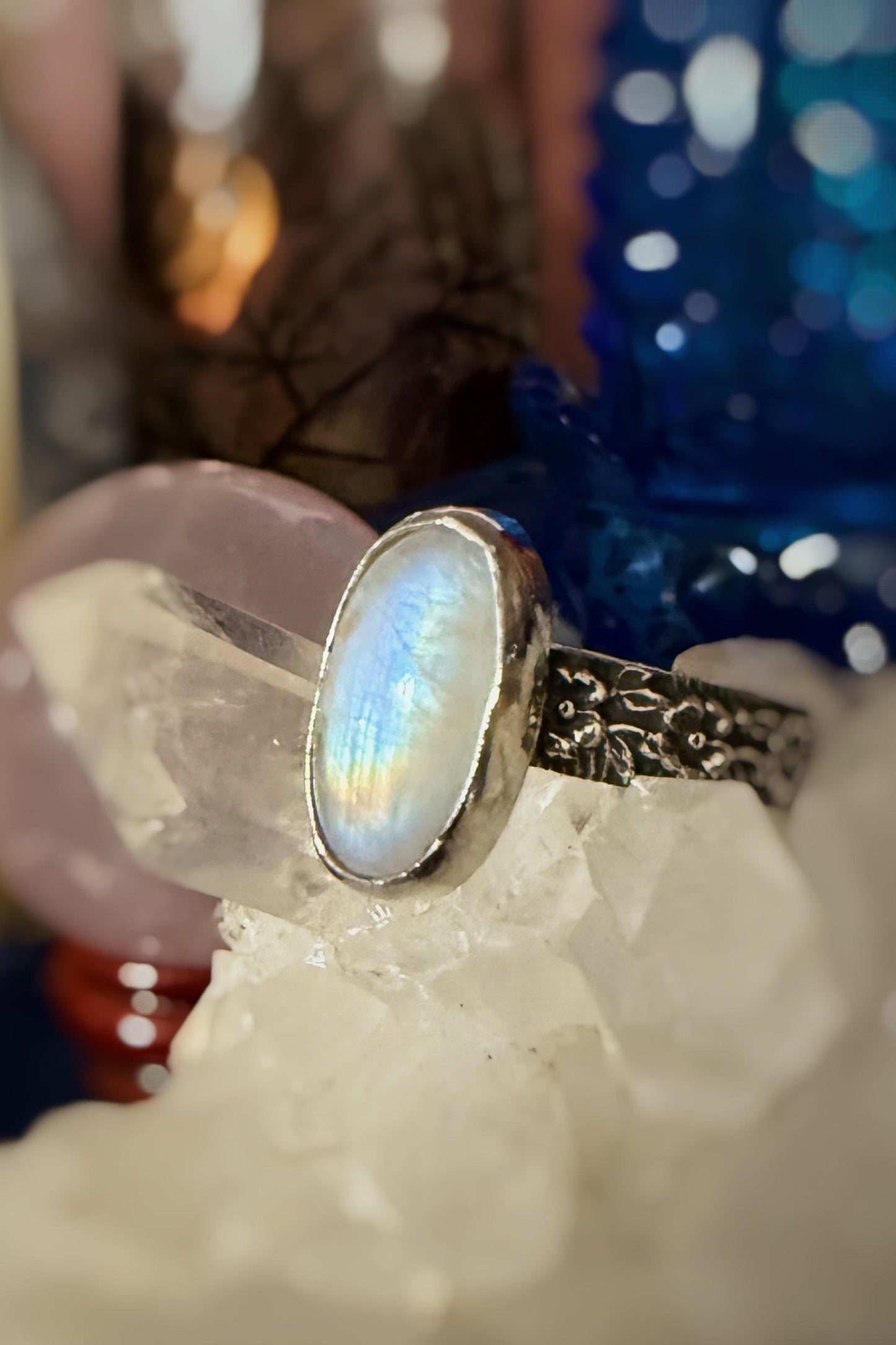 Size 11 Handmade Moonstone Sterling Silver ring with floral band