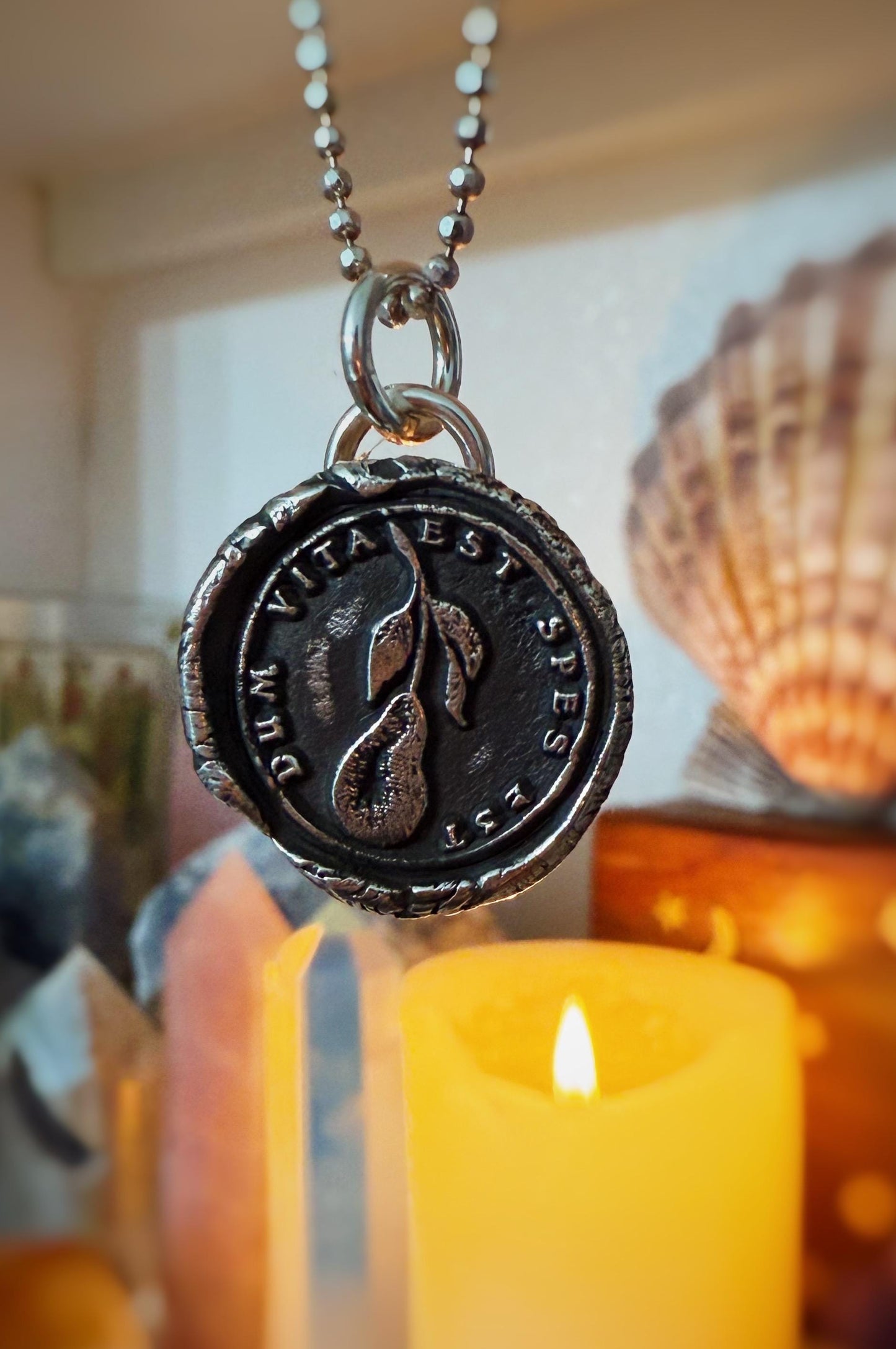 Fine Silver Wax Seal Pendant Necklace: Hope Latin Quote Medallion