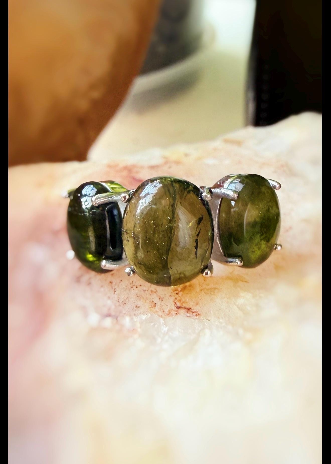 Handmade Green Tourmaline Gumdrop 3 Stone ring in .925 sterling silver