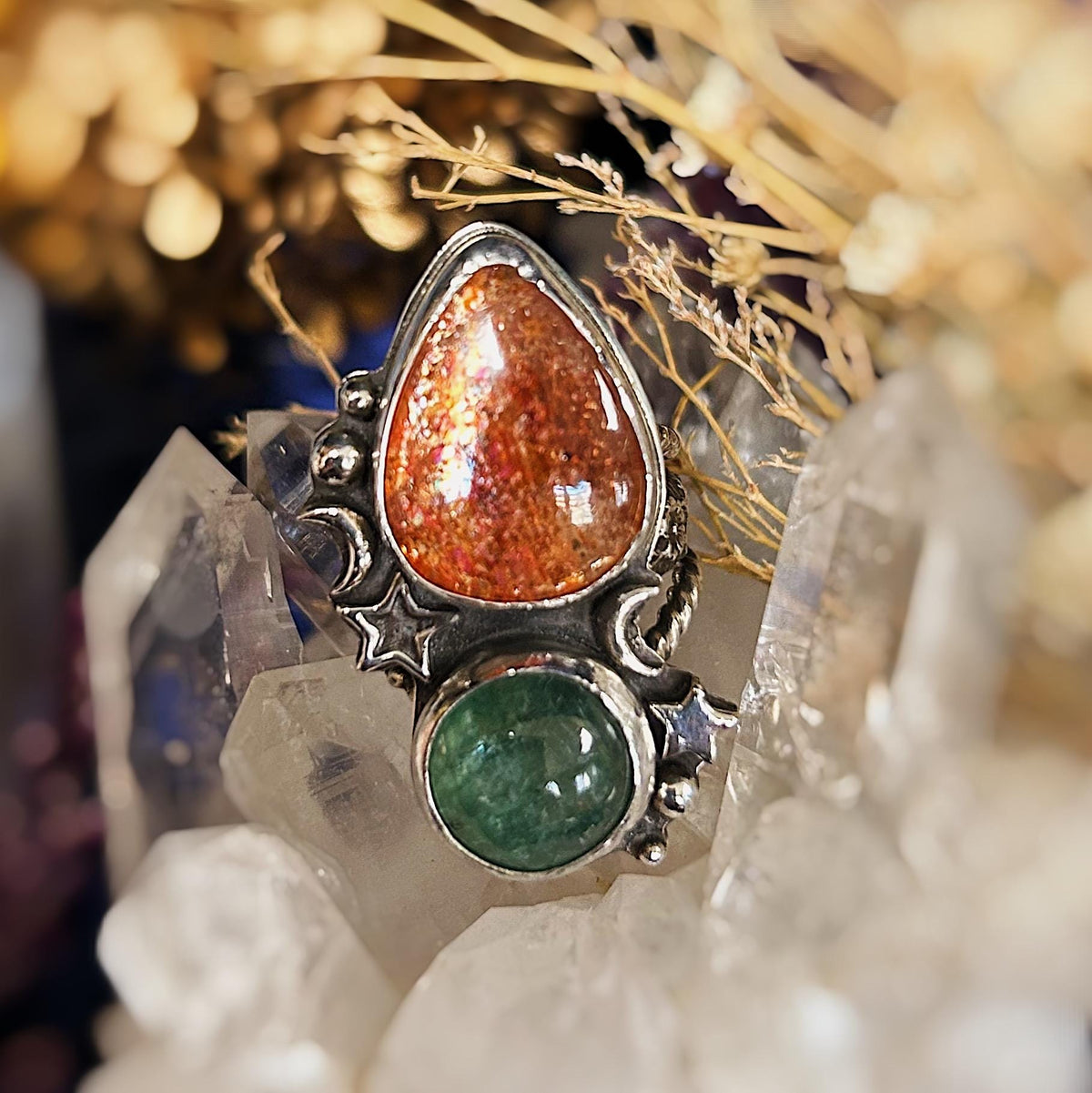 confetti sunstone and green aventurine sterling silver ring size 6.5