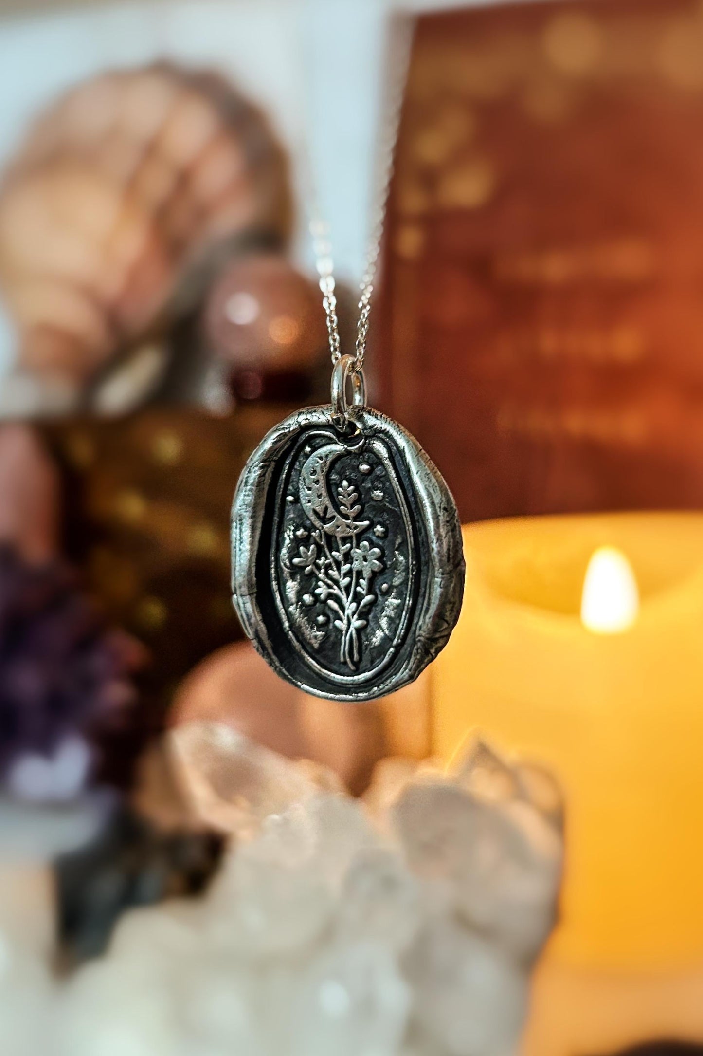 Flower Moon Wax Seal Good Luck Charm Pendant necklace in Fine silver