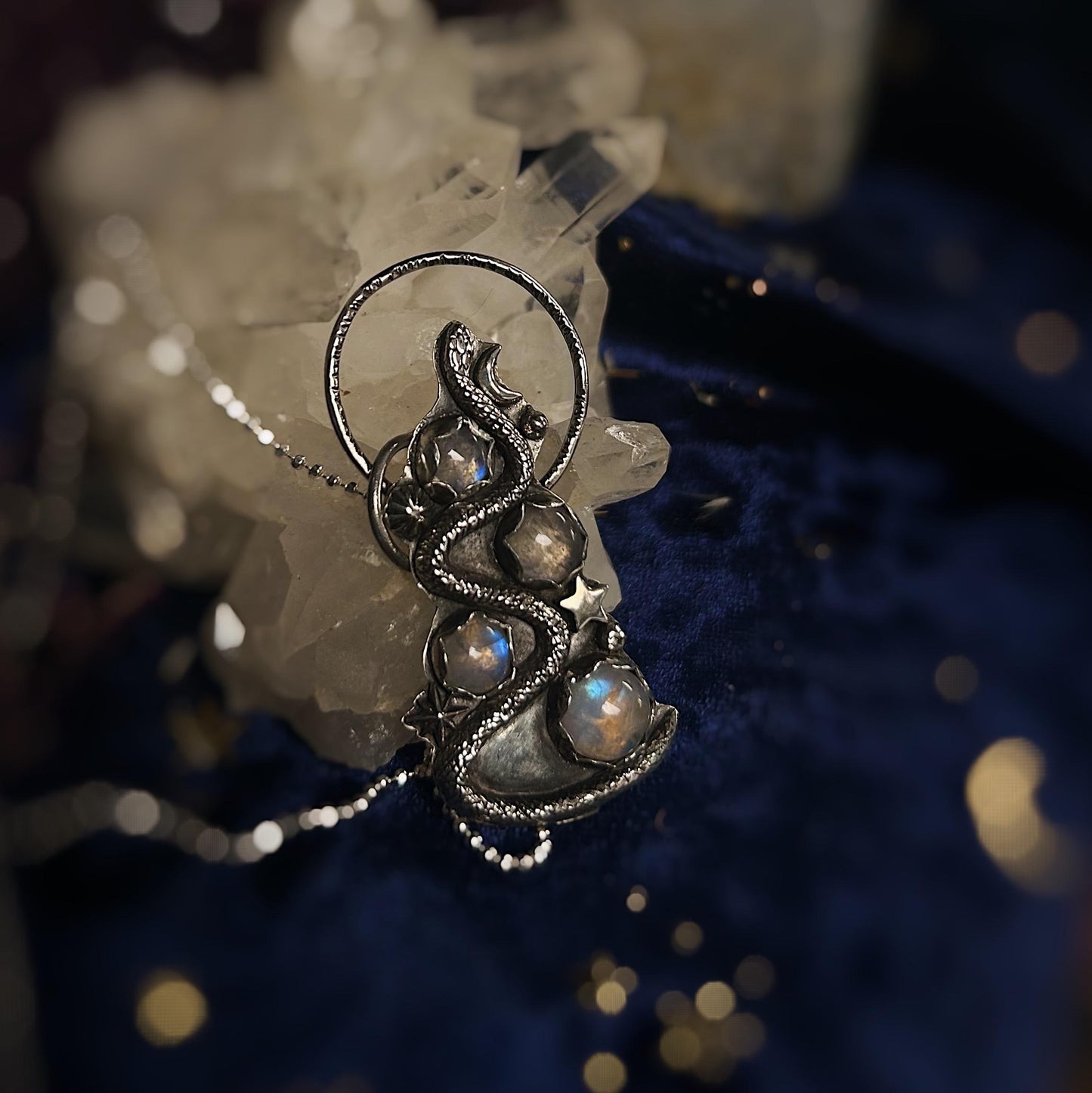 Moonstone snake celestial sterling silver necklace on 18” chain