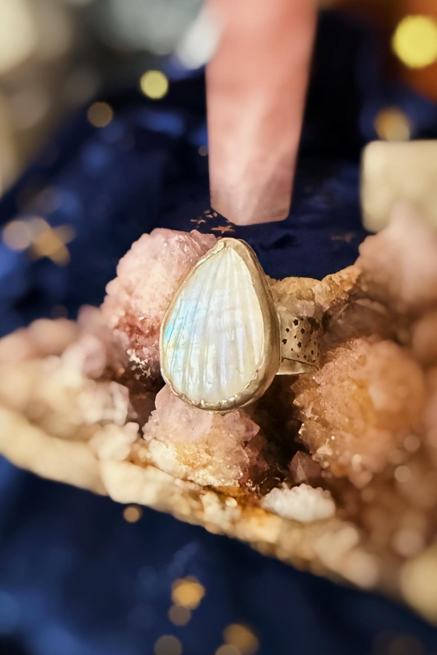 Seashell Moonstone sterling silver rings on celestial stamped bands sizes 5.5-9