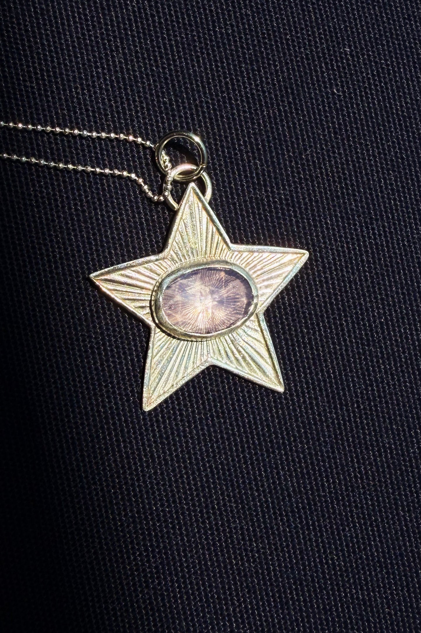 Custom Engine Turned Sterling Star with Aurora Opal for Amanda