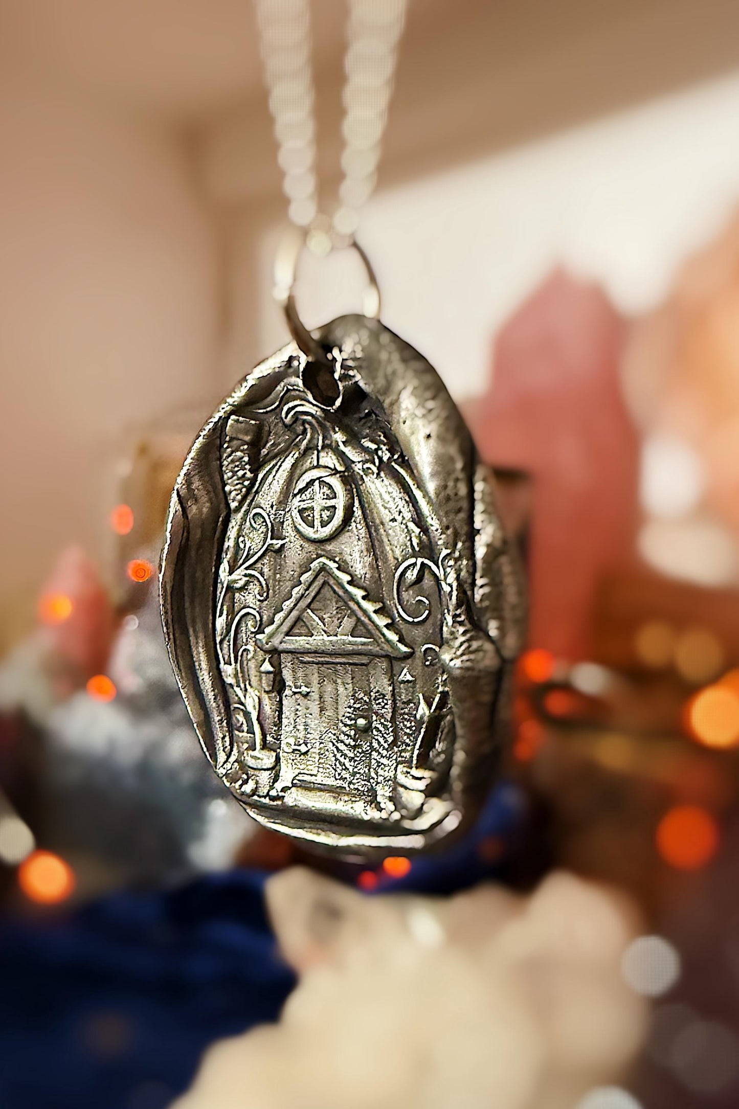 Pumpkin Cottage Wax Seal Good Luck Charm Pendant necklace on .999 Fine silver