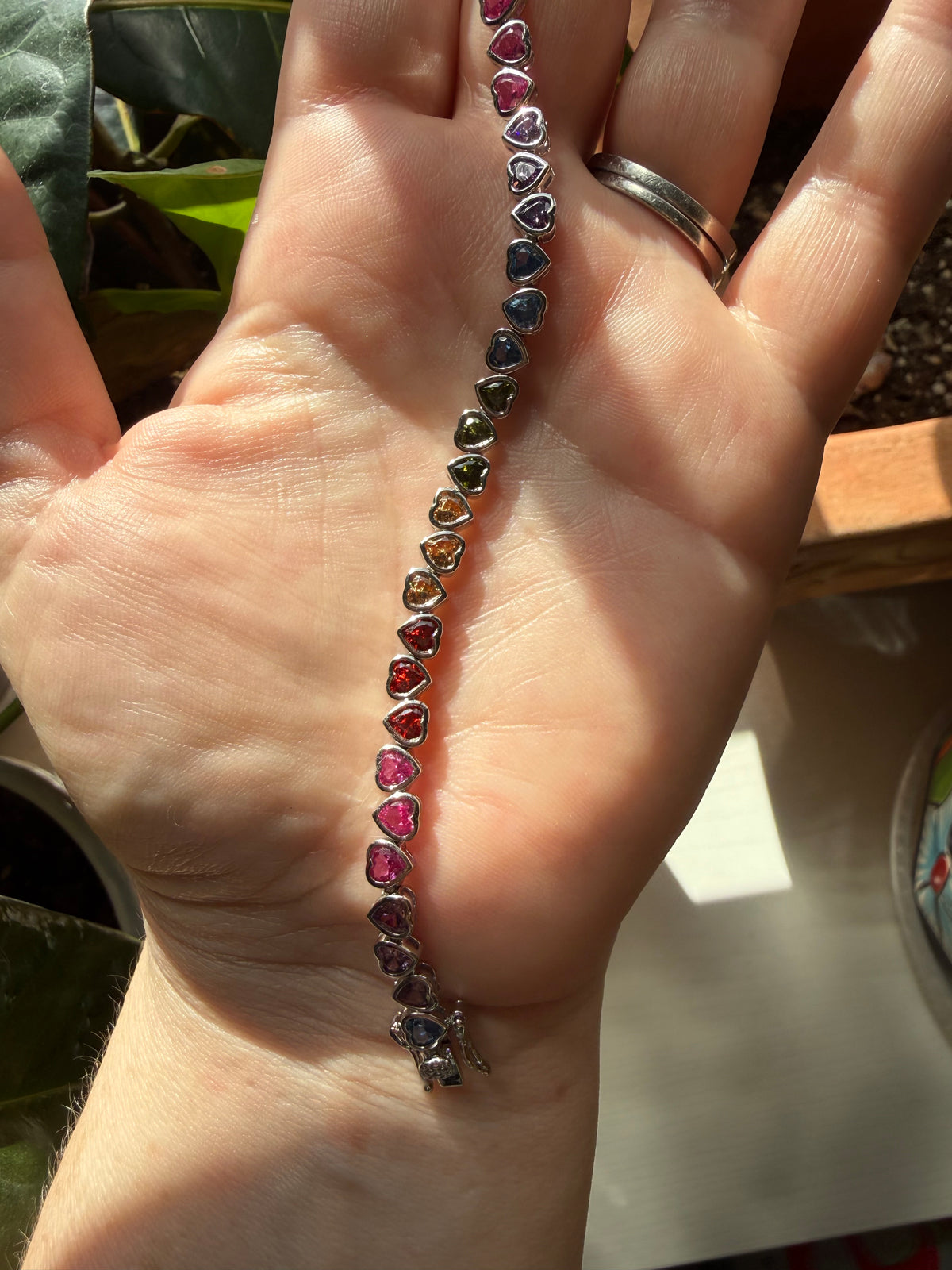 Sterling Silver Rainbow Heart Tennis Bracelet 7”