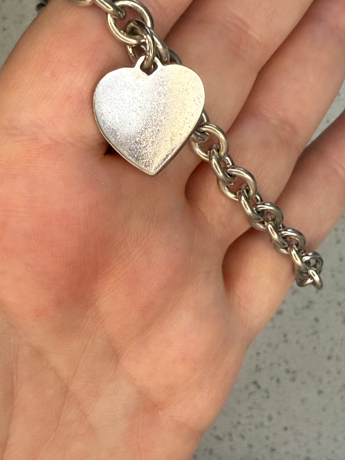 Vintage sterling silver round link bracelet with Engraveable heart 8”