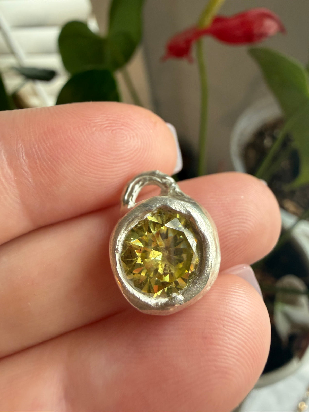 Fine silver Blobert peridot green CZ charm