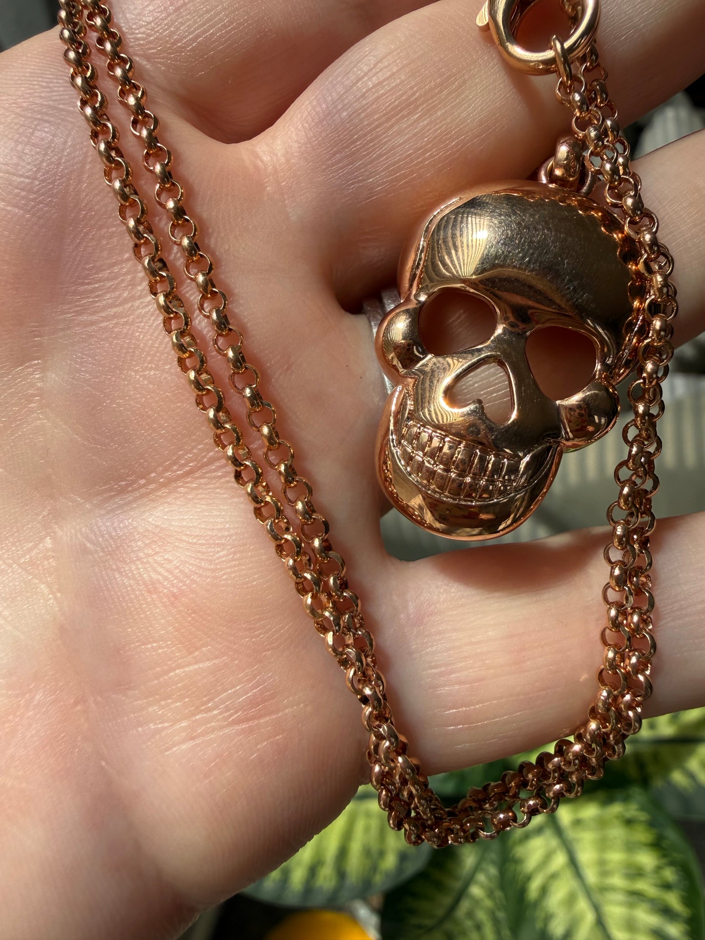 Vintage Milor bronze skull pendant charm with rolo chain 26”