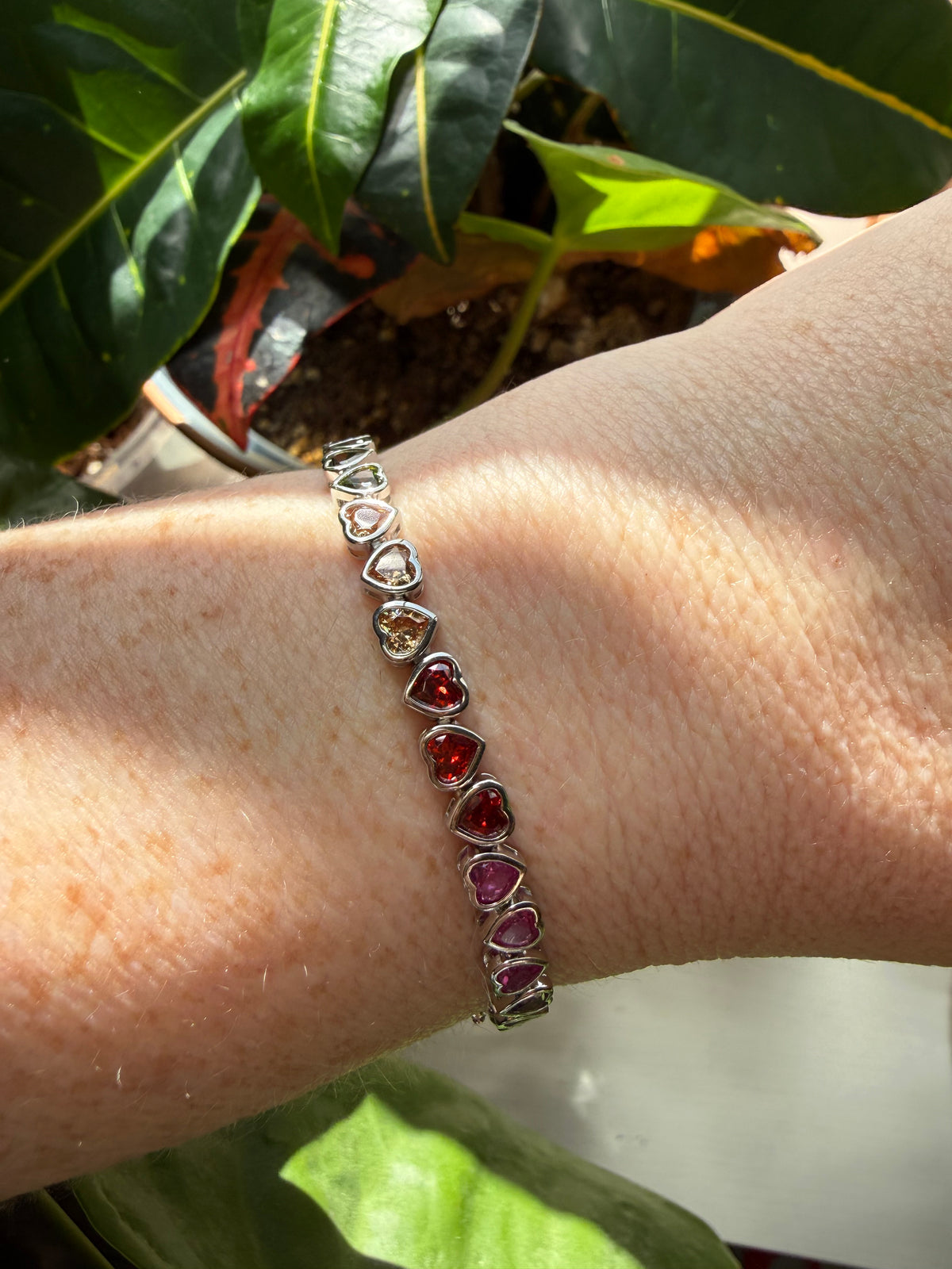 Sterling Silver Rainbow Heart Tennis Bracelet 7”