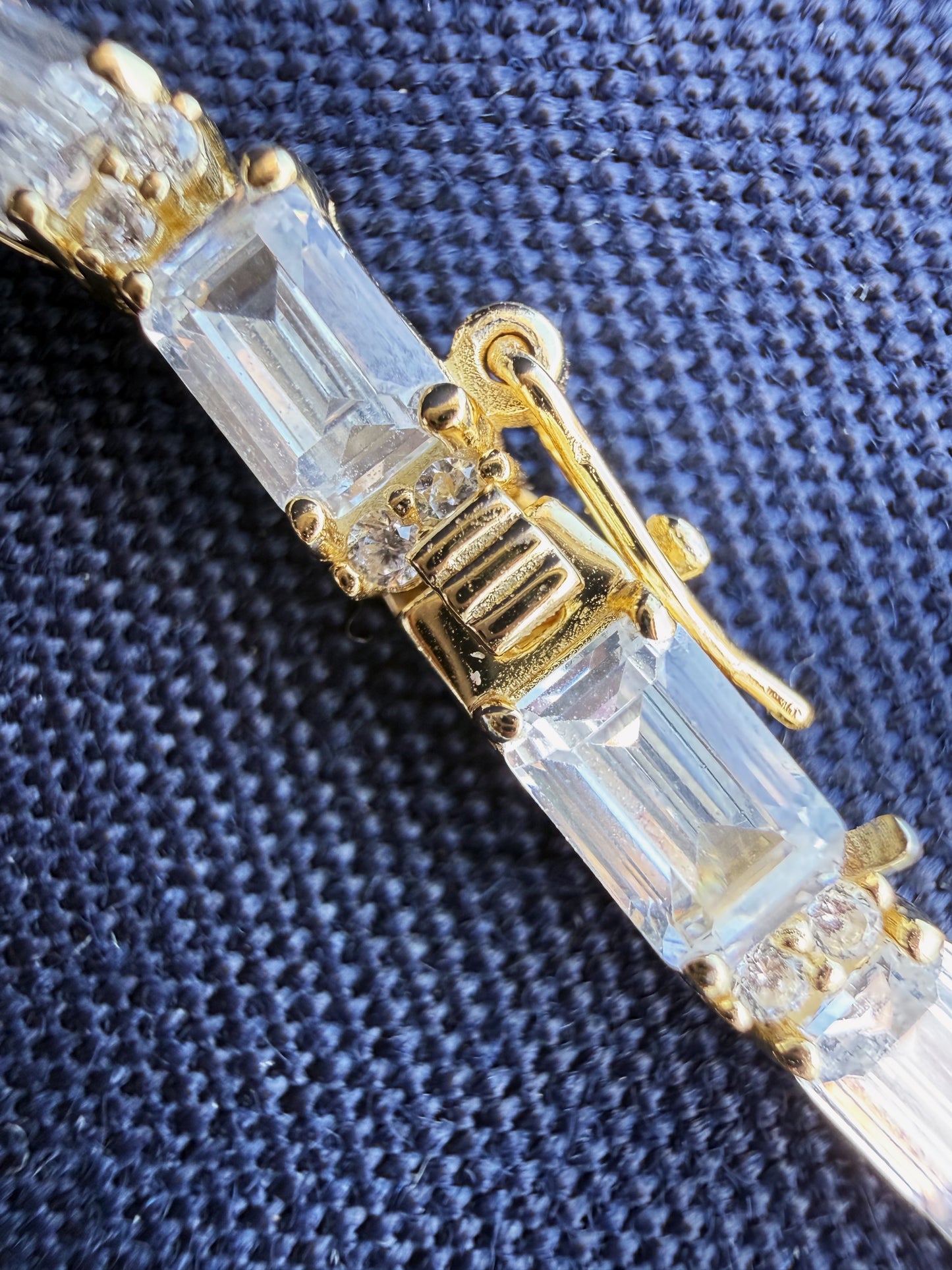 Gold Over Sterling Silver Emerald Cut CZ Vintage Tennis Necklace .925 Vermeil