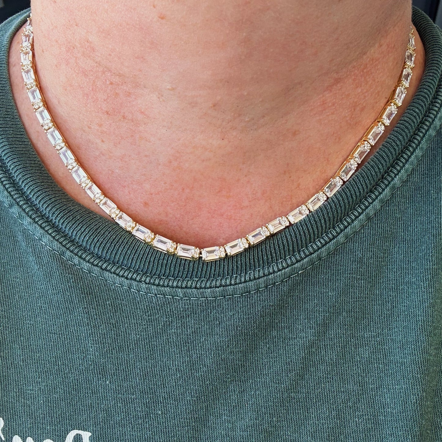 Gold Over Sterling Silver Emerald Cut CZ Vintage Tennis Necklace .925 Vermeil