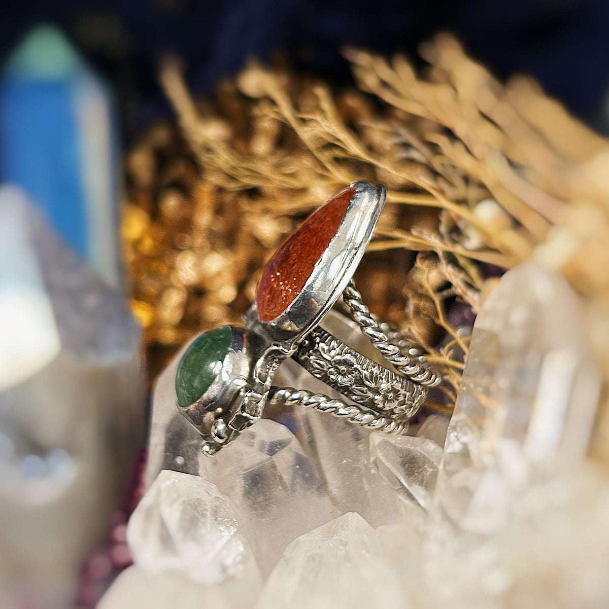 confetti sunstone and green aventurine sterling silver ring size 6.5