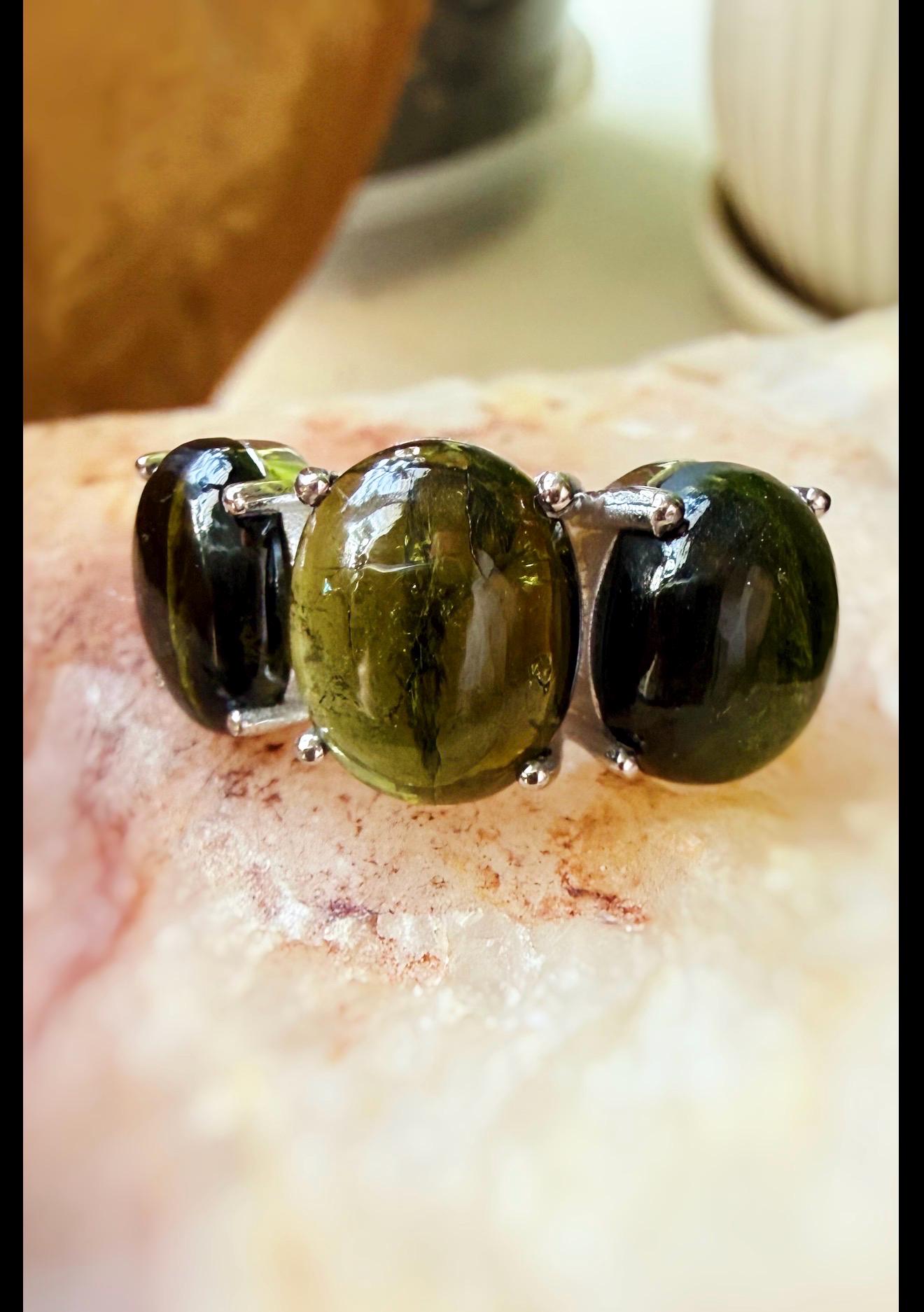 Handmade Green Tourmaline Gumdrop 3 Stone ring in .925 sterling silver