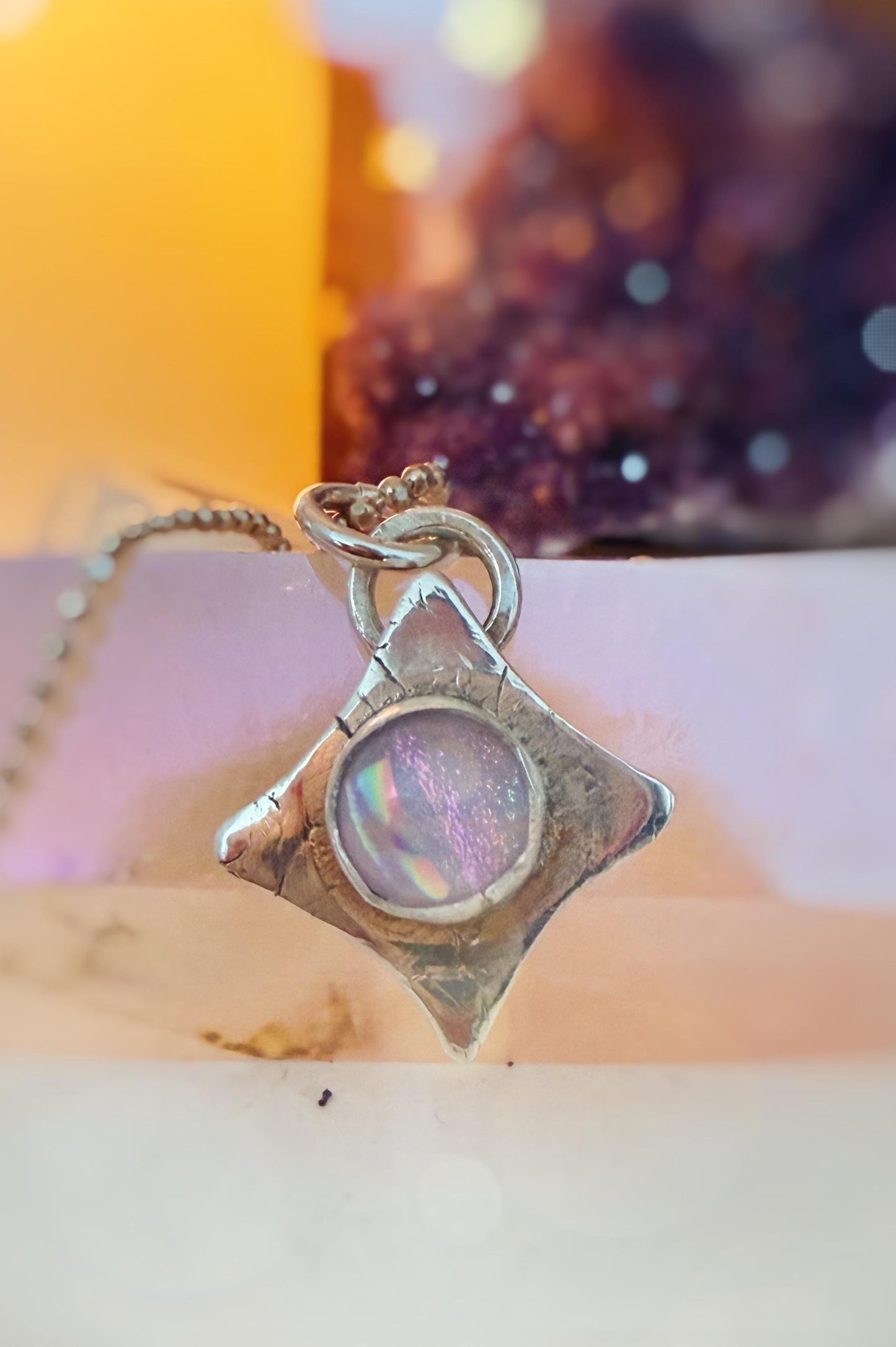 Starburst Dichroic glass handmade pendant necklace in .999 fine silver with chain