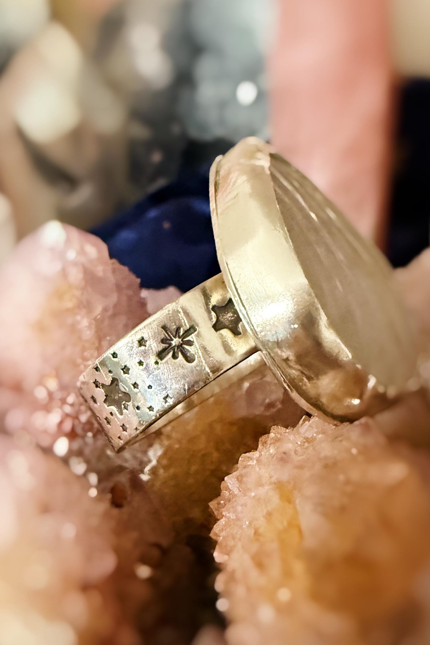 Seashell Moonstone sterling silver rings on celestial stamped bands sizes 5.5-9