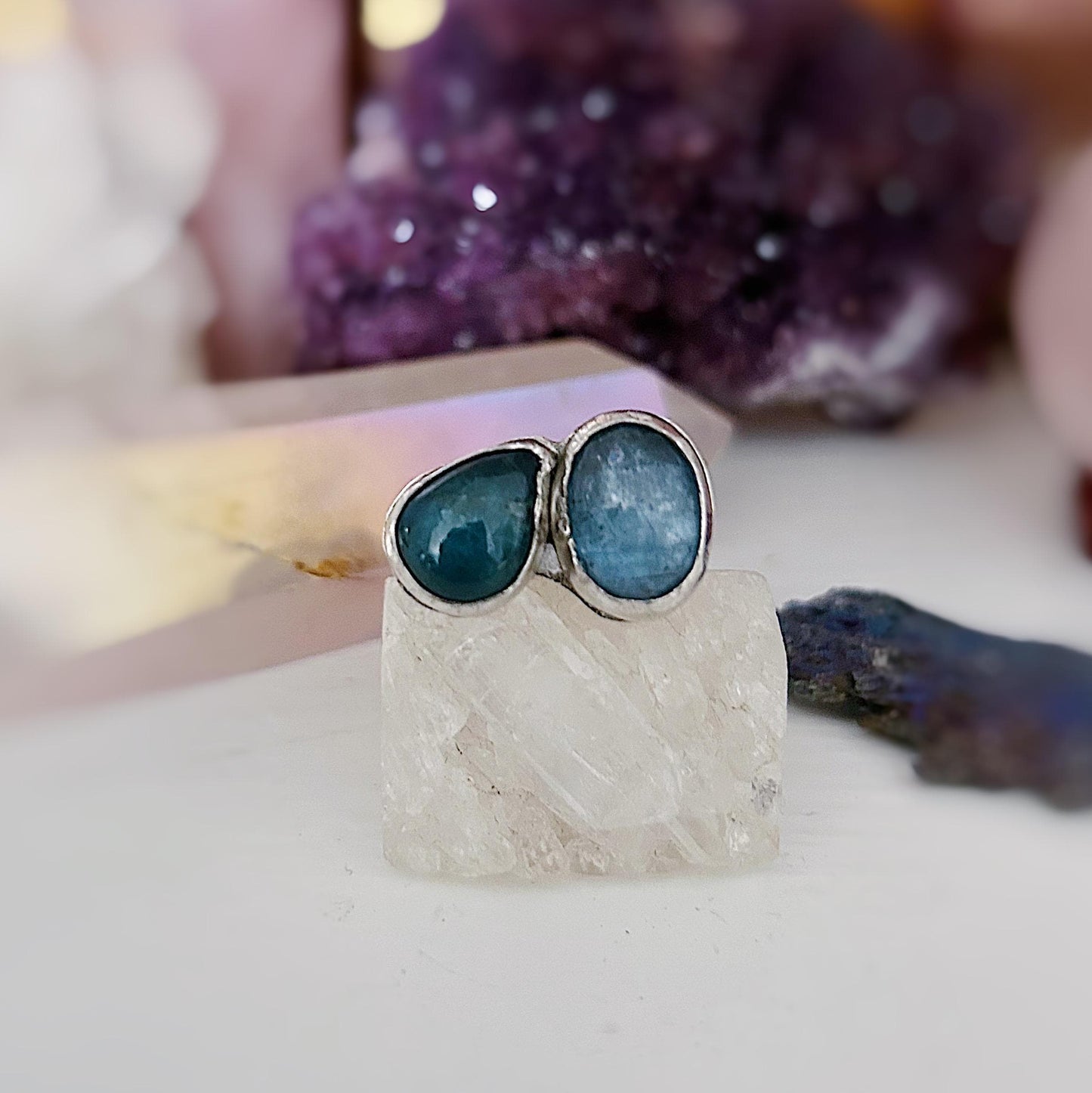 Handmade sterling silver apatite and teal kyanite ring size 9