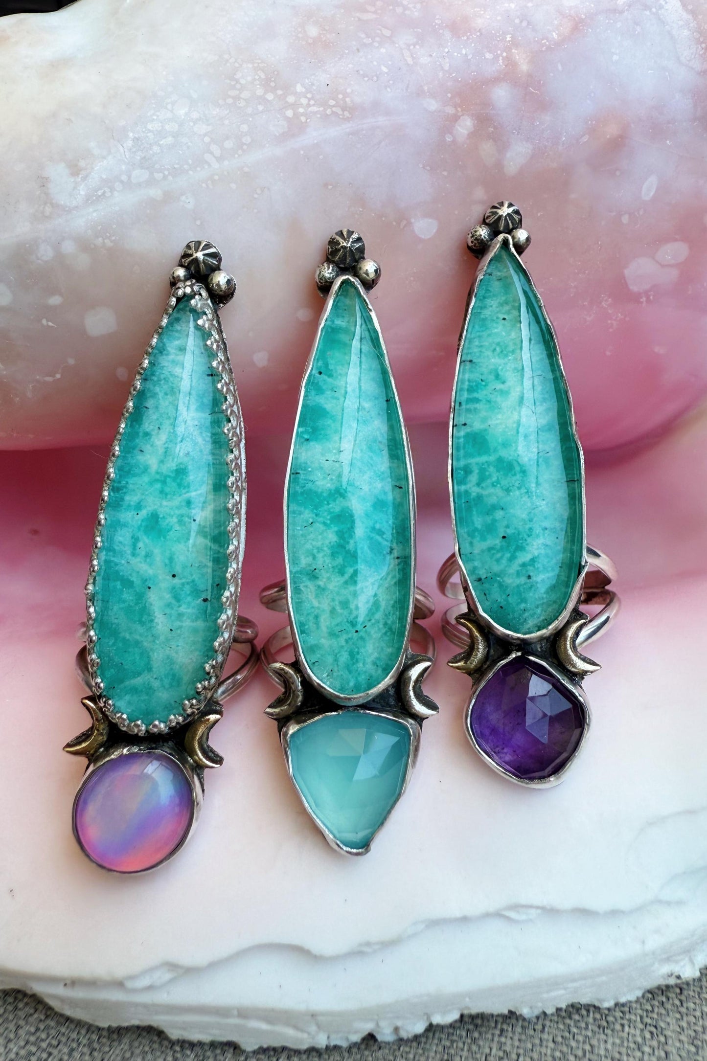 Amazonite quartz crystal doublet talon rings in sterling silver, sizes 7, 7.5, and 8