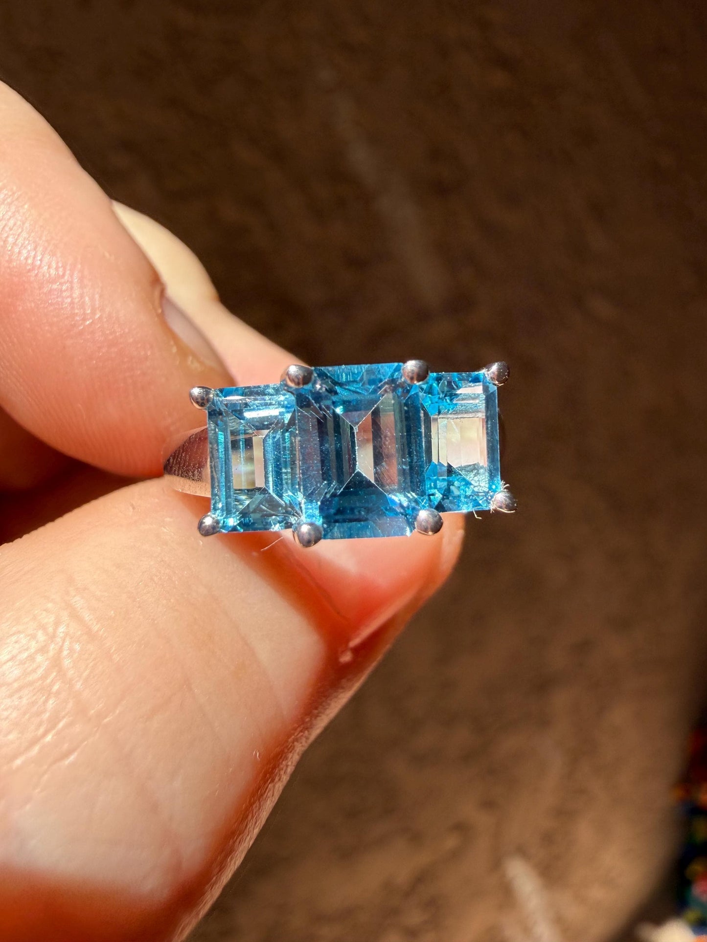 10k White Gold Emerald Cut Topaz 3 Stone Ring size 7