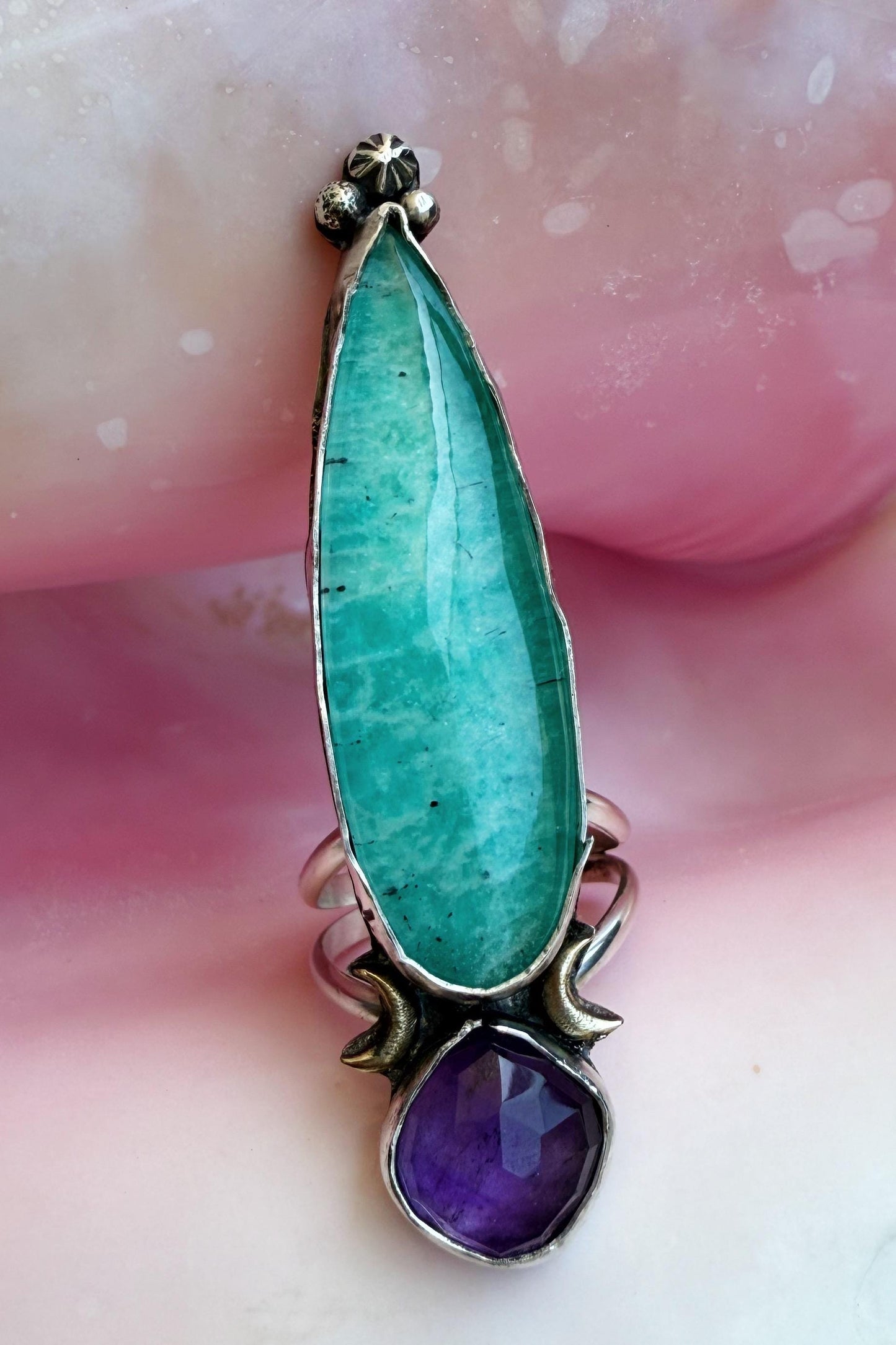 Amazonite quartz crystal doublet talon rings in sterling silver, sizes 7, 7.5, and 8