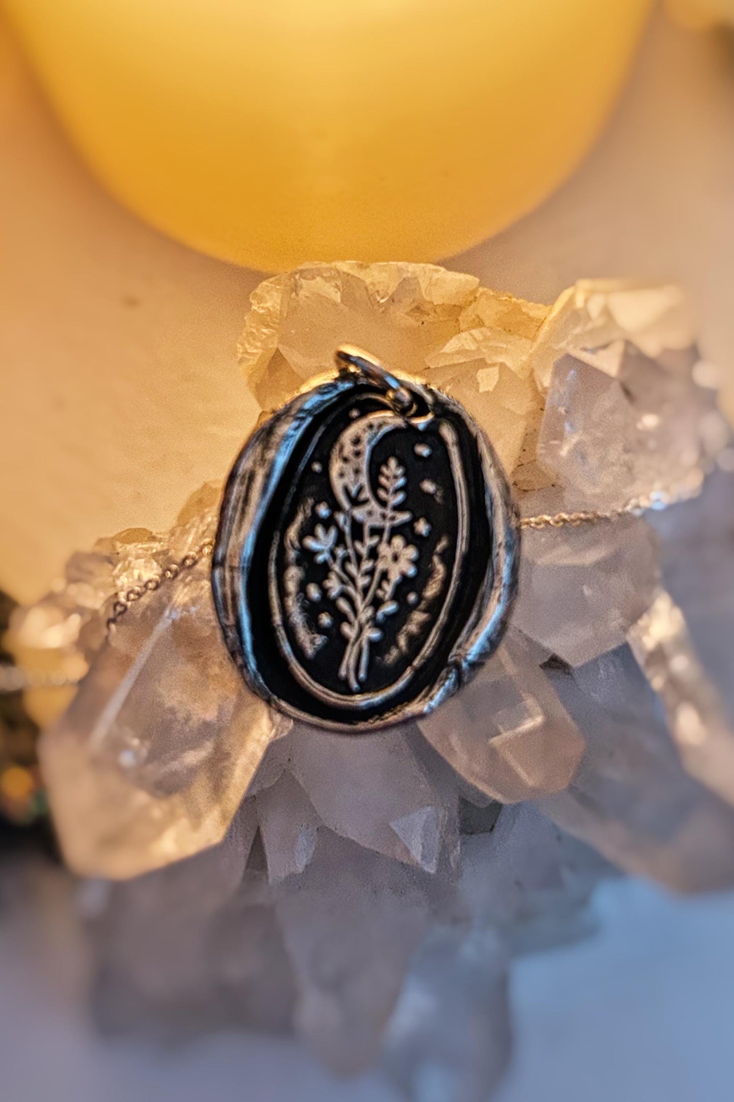 Flower Moon Wax Seal Good Luck Charm Pendant necklace in Fine silver