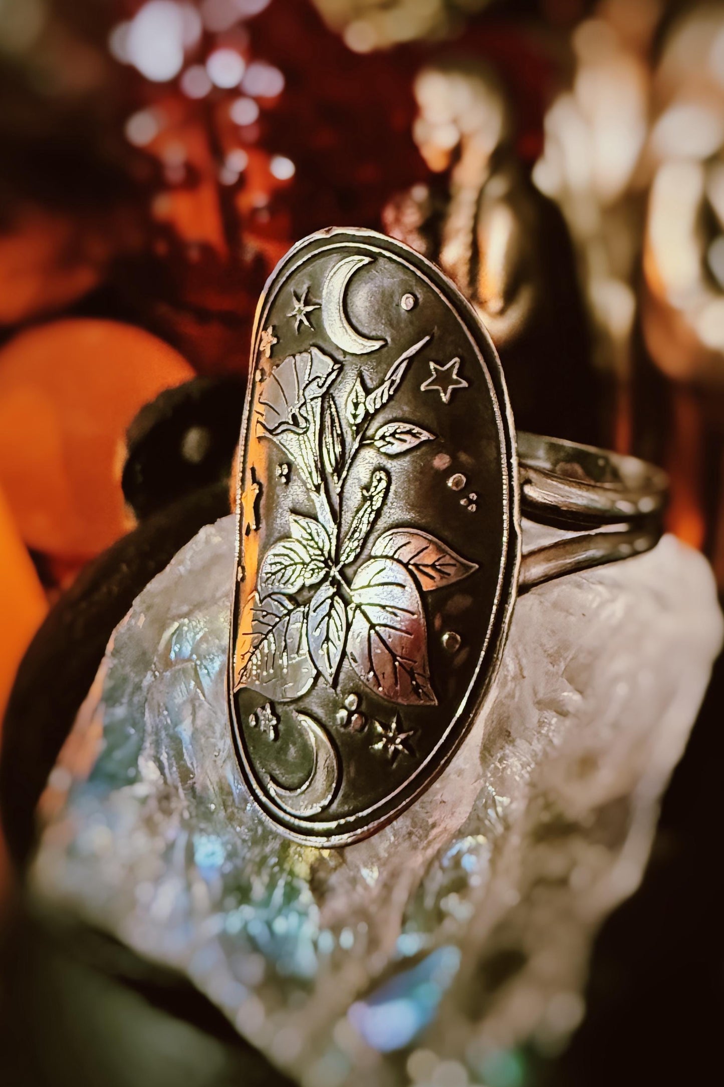 Celestial Datura flower sterling silver handmade ring, made to order