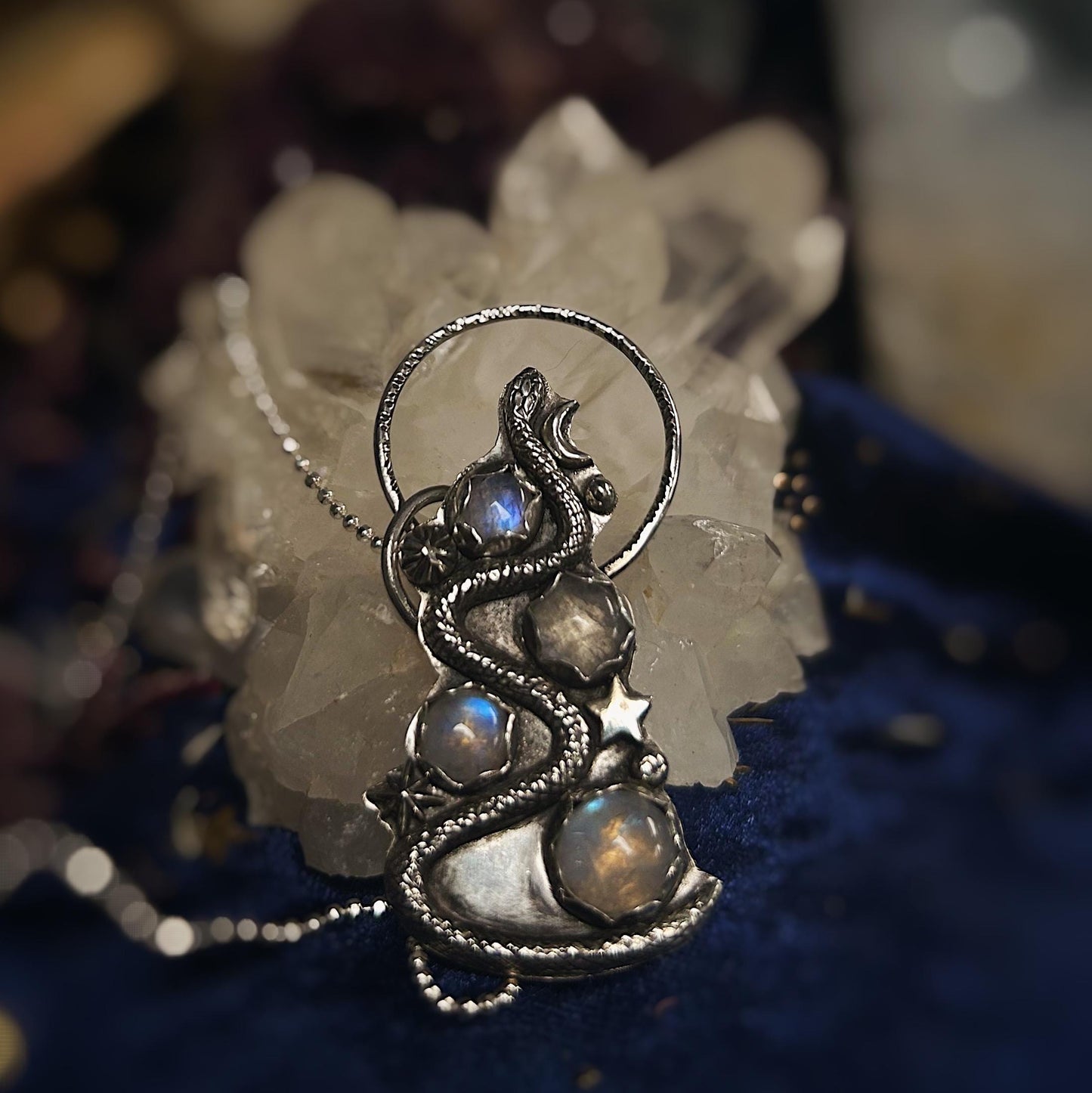 Moonstone snake celestial sterling silver necklace on 18” chain