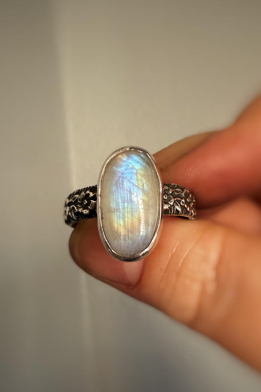 Size 11 Handmade Moonstone Sterling Silver ring with floral band