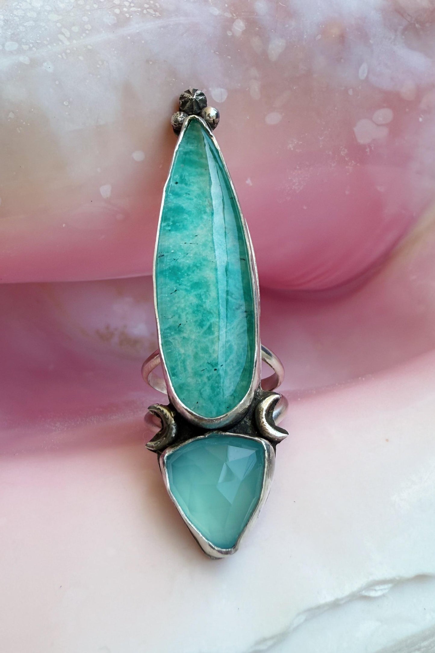 Amazonite quartz crystal doublet talon rings in sterling silver, sizes 7, 7.5, and 8