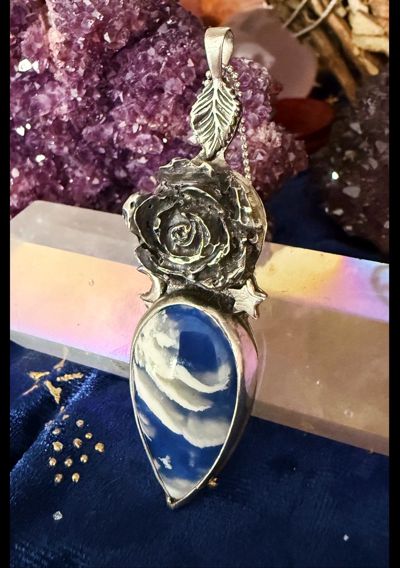 Plume Agate Doublet and Rose Pendant, handmade in sterling silver