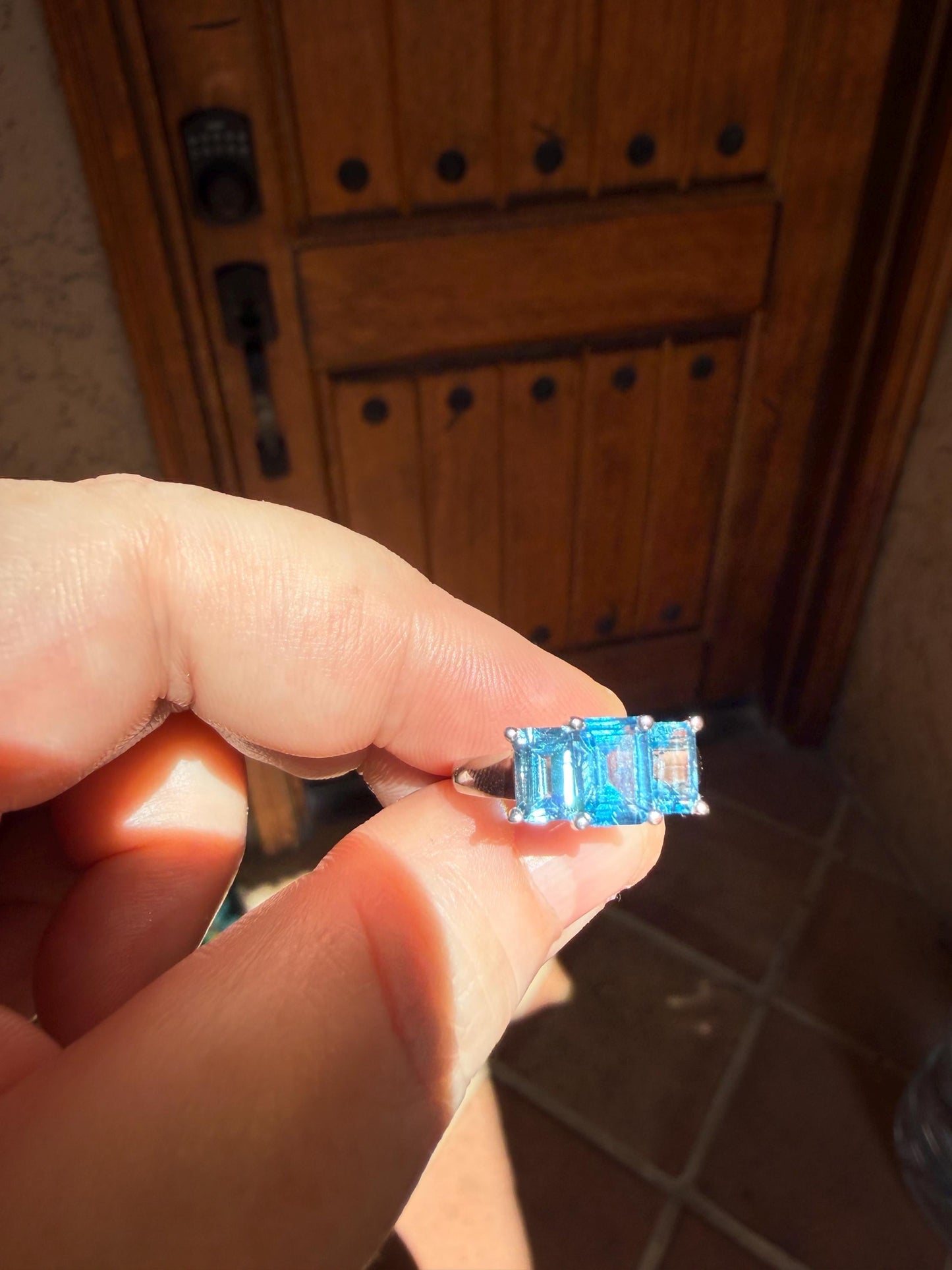 10k White Gold Emerald Cut Topaz 3 Stone Ring size 7