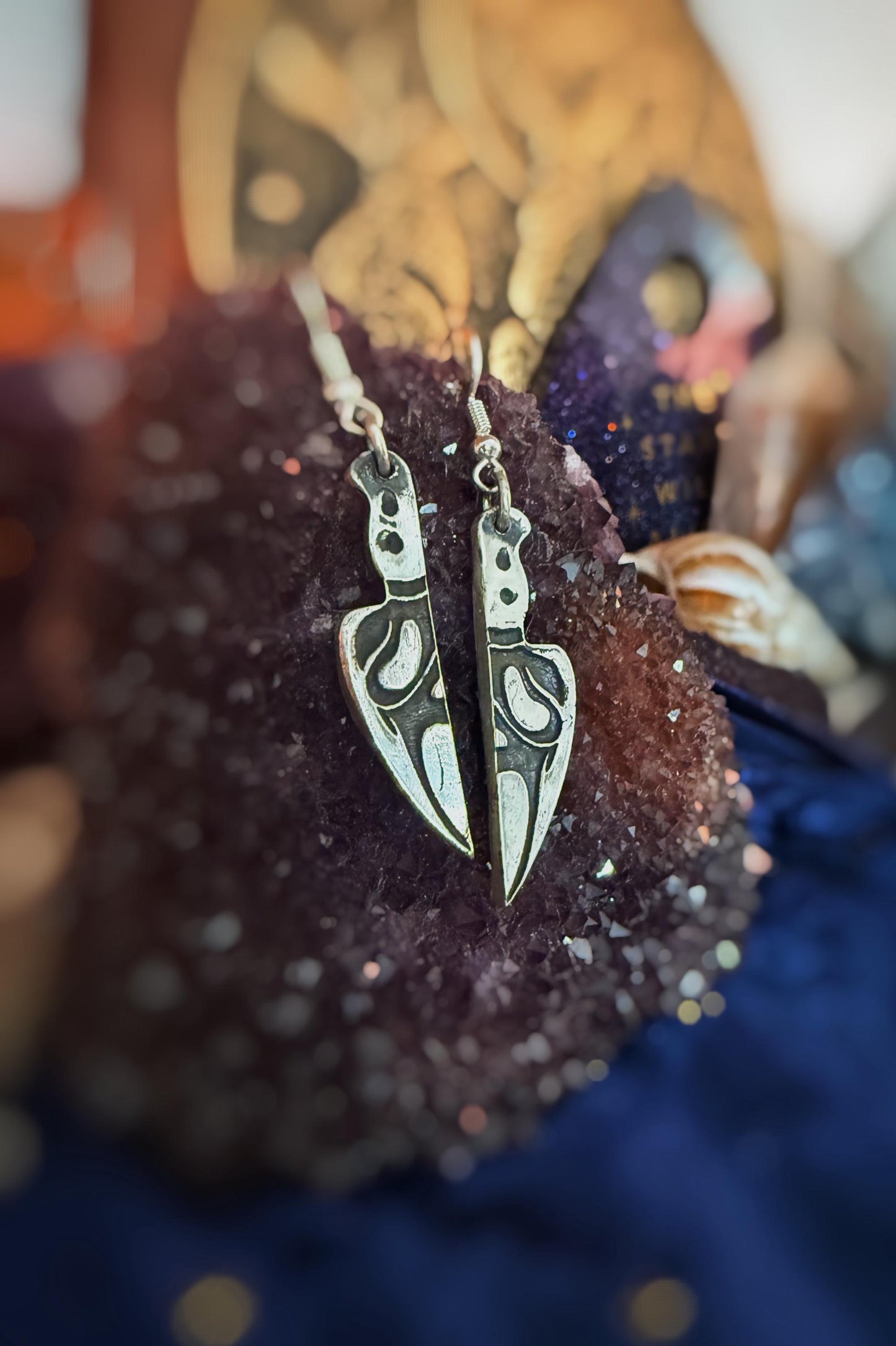 Ghost Face mask knife earrings handmade in .999 fine silver