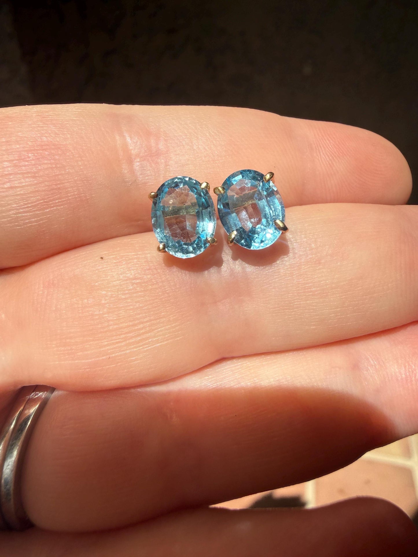 14k yellow gold baby Swiss blue topaz oval stud earrings