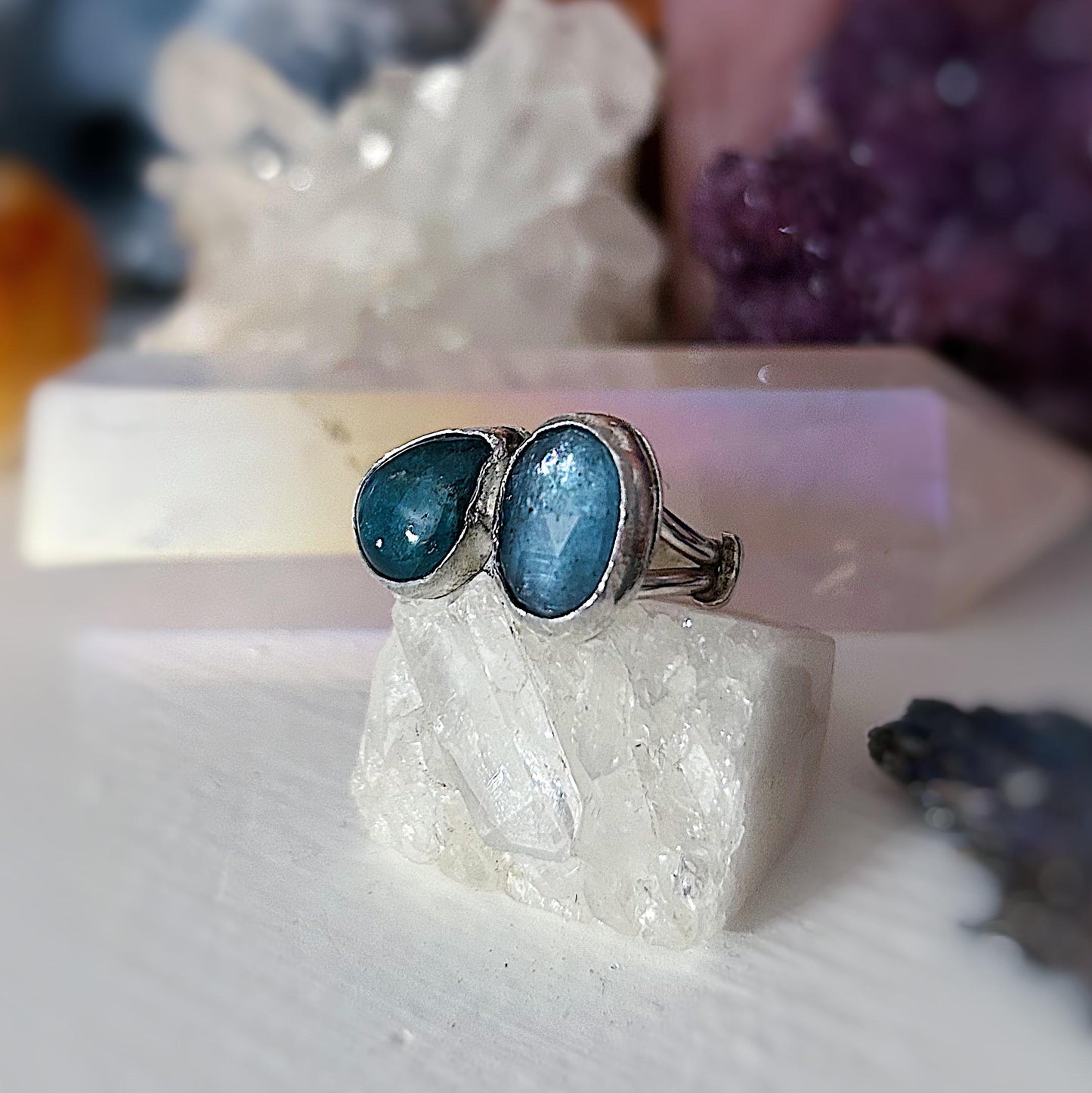 Handmade sterling silver apatite and teal kyanite ring size 9