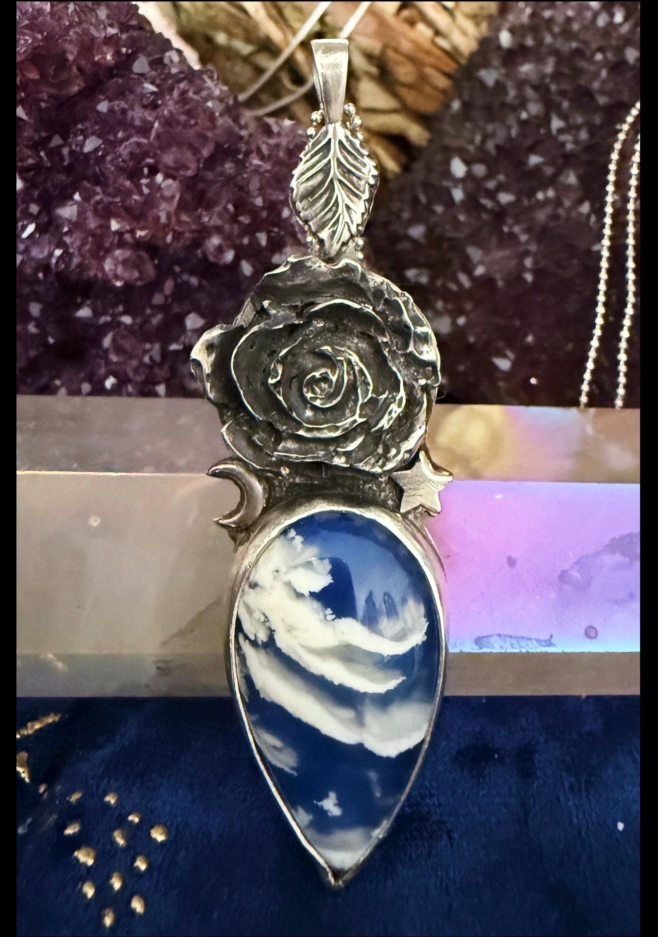 Plume Agate Doublet and Rose Pendant, handmade in sterling silver