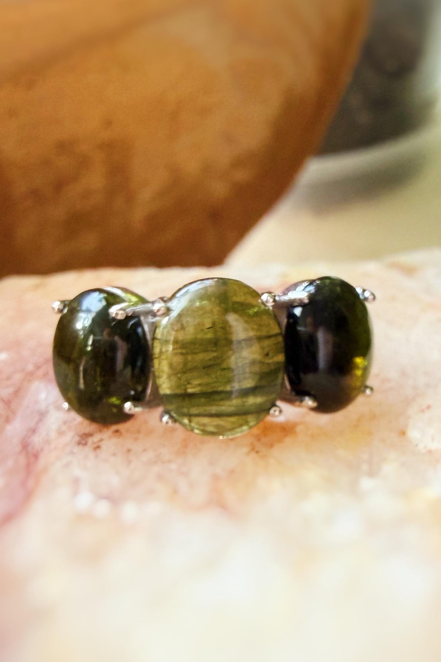 Handmade Green Tourmaline Gumdrop 3 Stone ring in .925 sterling silver
