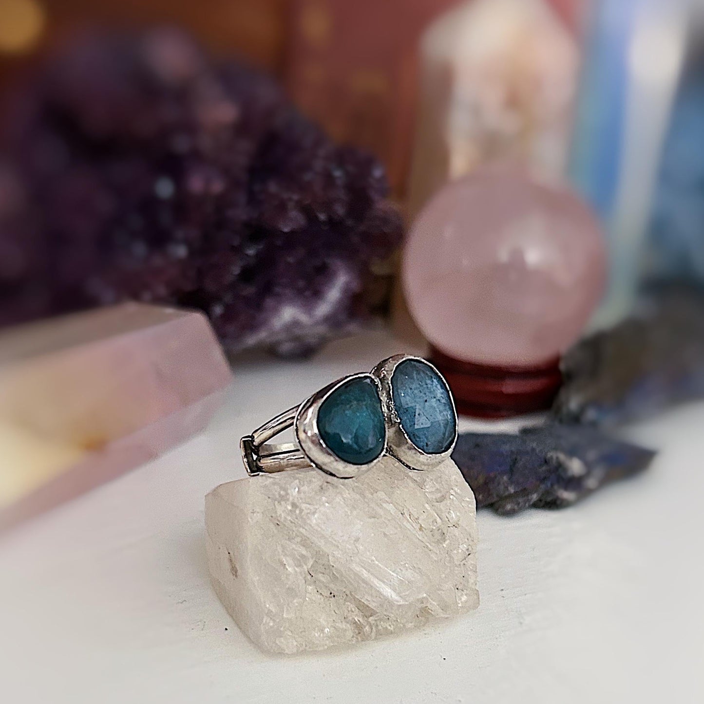 Handmade sterling silver apatite and teal kyanite ring size 9