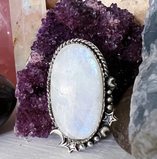 Large flashy moonstone sterling silver ring or pendant, custom finished to order jewelry