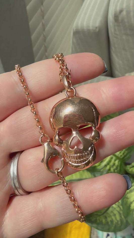 Vintage Milor bronze skull pendant charm with rolo chain 26”