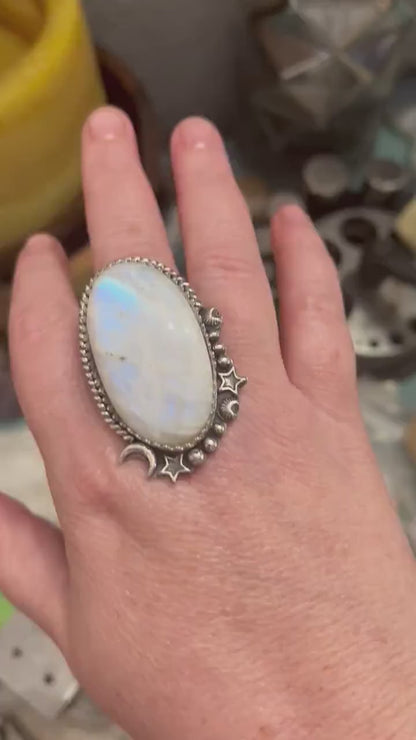Large flashy moonstone sterling silver ring or pendant, custom finished to order jewelry
